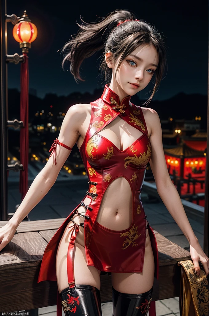 (RAW photo, best quality), Cute girl with short black hair, (ponytail), (city roof at night background), low light , dark eyeliner, cute smile, gorgeous face , super cute, 18 years old , young looking, hyper detailed face, dark eyeliner, (medium breast), (thin waist, super slender), (bare shoulders, (exposed hips), skintight and red PVC qipao china dress with yellow dragon decoration and vivid patterns, deep black leather thigh high boots, red PVC arm sleeves with yellow flower decorations and vivid patterns, cleavage, ((both hands on waist)), one leg in front of the other, (((very extremely small small navel exposure))), (metal silver belt)