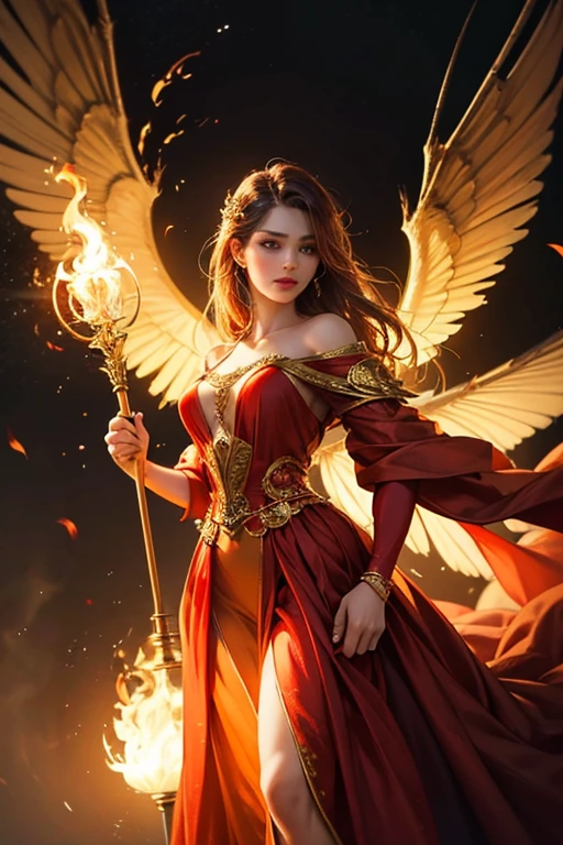 "Create an ultra-realistic image of a stunning 30-year-old female fairy with large, intricate wings that flicker with the intensity of flames. She should be holding a magical staff that radiates the fierce energy of fire, with flames dancing around it. Dress her in a sophisticated outfit with various shades of red, symbolizing her connection to fire. Surround her with elements of fire, such as flickering embers and blazing flames, to highlight her mastery over this element. Include a distinct fire symbol or design on her body, signifying her role as the keeper of fire and flames, and showcasing the powerful fiery energy she possesses within her."