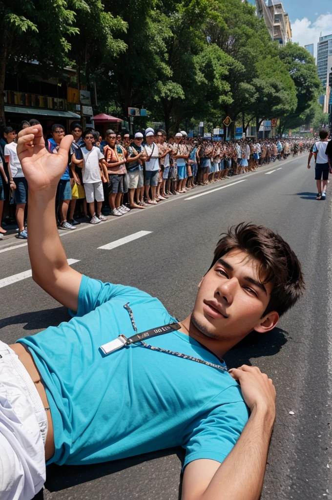 20-year-old boy lying on the croud people road and talking