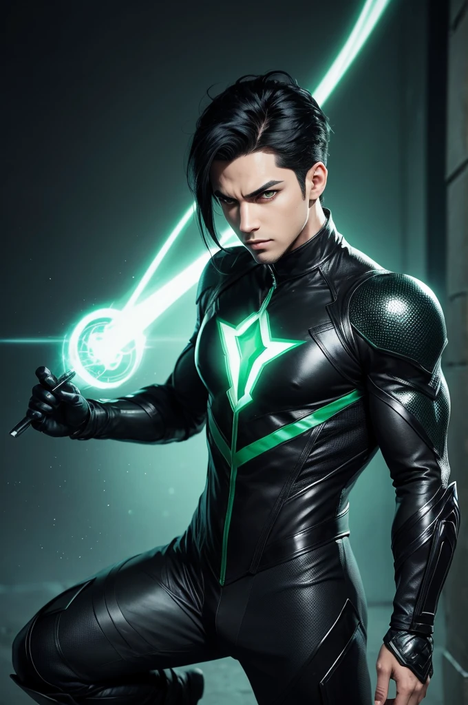 Male character manipulate from dreams with black hair and green eyes light skin in Marvel comics style wearing black costume with green