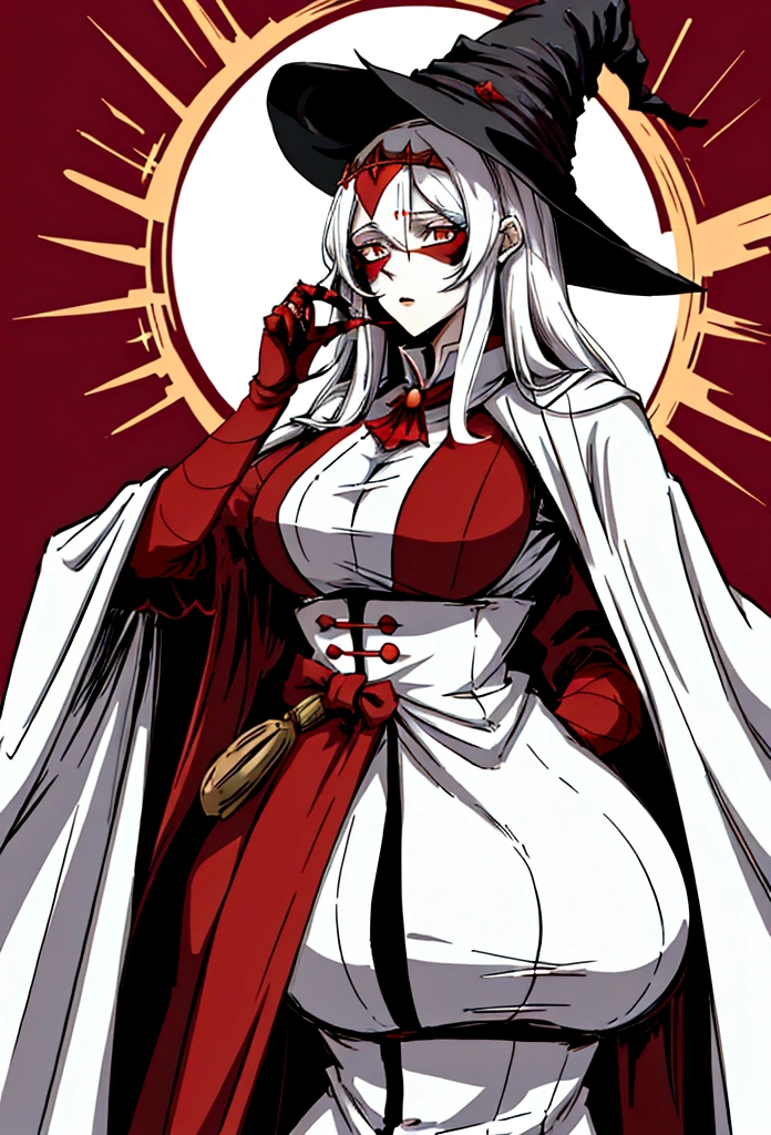  Anime, white woman, palette red, orang nd black, she is a witch with a diferent hat, she hides the face with her hat she has a clove in her left hand with metal claws, her clothes are majestic, her power is fire, she is a villain, she is like a queen of witches