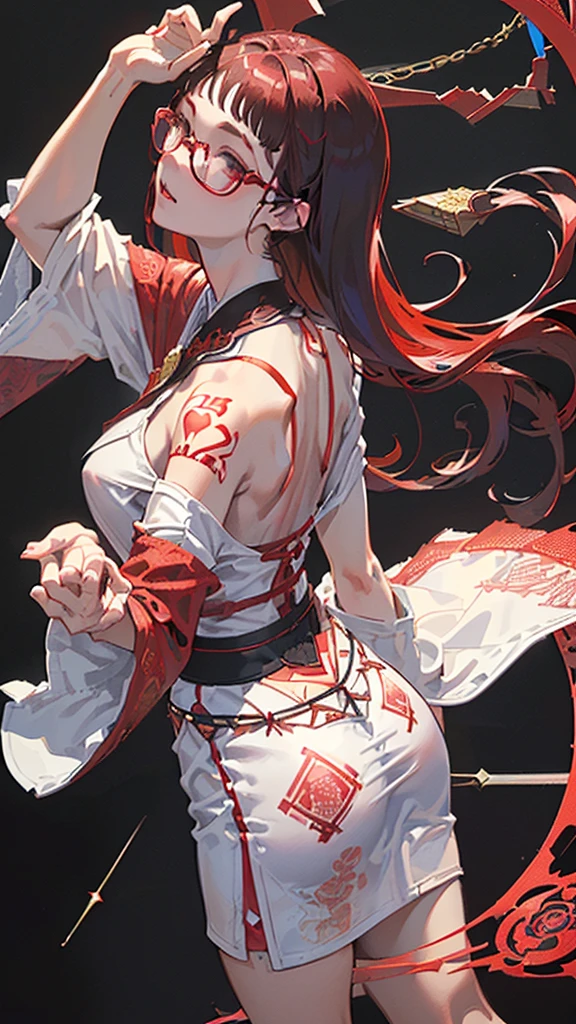 ((Bob Wolfe，Half Up，dark red，Red-brown，Smooth))hair，((Translucent))Red glasses，((Rose Pattern))Short sleeve shirt，Roll up your sleeves，((Black，Japanese style))pants，((((On the back of the right hand))Compass))Tattoo，((((Gradually move from the back of the left hand towards the left shoulder.々to become larger))Hexagram))Tattoo，1 person，Character portrait