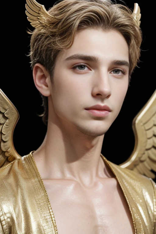 Roman Man Realistic Male Beauty Thin Nose Full Lips Chin Qyadrado Diamond. With angel wings on golden heads