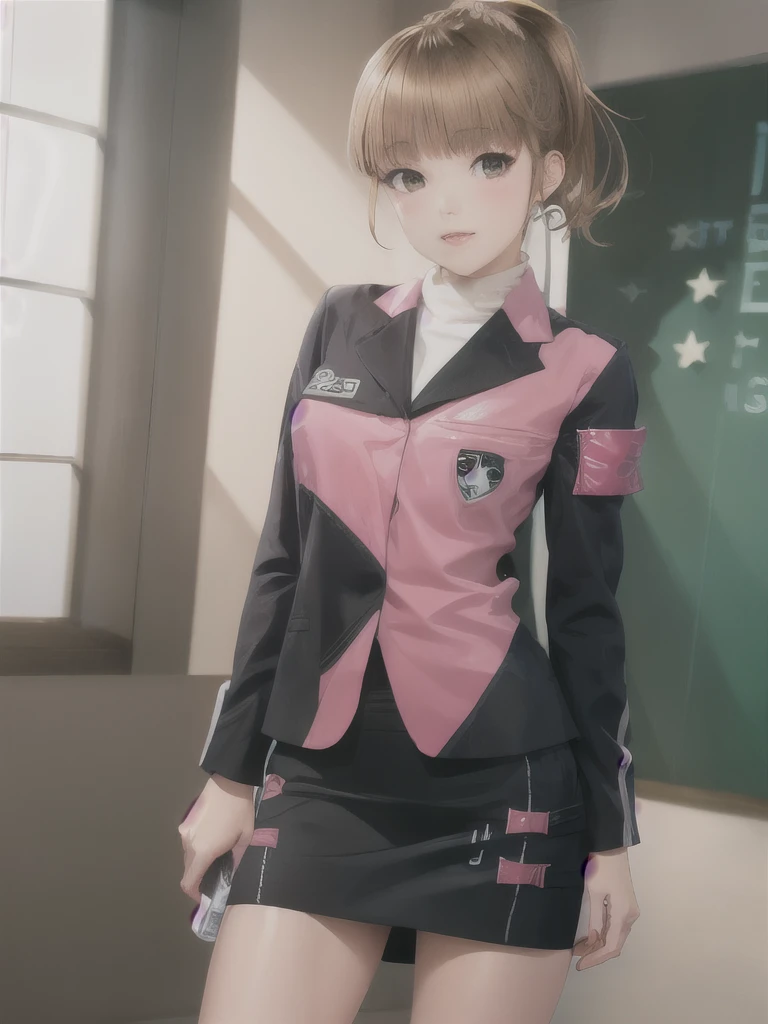((masterpiece,best quality)) (extremely detailed CG), (raytracing) (best quality), perfect face, shiny skin, lustrous skin, , depth of field,wide hips, narrow waist, umeko, brown hair, skirt, ponytail, jacket, boots, pencil skirt, uniform, brown eyes, long sleeves, short hair, black footwear, star (symbol), blush, bangs, armband,indoors,