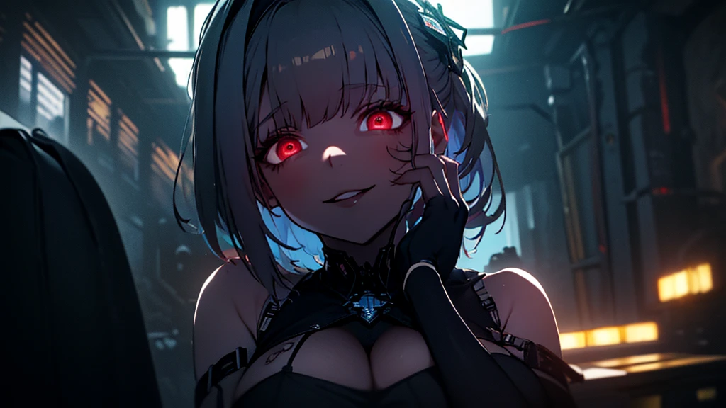 ((Best quality)), ((masterpiece)), (detailed:1.4), 3D, an image of a beautiful cyberpunk female, Yandere , Yandere Face , Trance , Trance Eyes , yameroyandere , constricted pupils , yandere , empty eyes . shaded face , crazy eyes , glowing red eyes , crazy smile , Marian , long silver hair , Black Dress , Red Eyes, Black undercloth, large breasts, HDR (High Dynamic Range),Ray Tracing,NVIDIA RTX,Super-Resolution,Unreal 5,Subsurface scattering,PBR Texturing,Post-processing,Anisotropic Filtering,Depth-of-field,Maximum clarity and sharpness,Multi-layered textures,Albedo and Specular maps,Surface shading,Accurate simulation of light-material interaction,Perfect proportions,Octane Render,Two-tone lighting,Wide aperture,Low ISO,White balance,Rule of thirds,8K RAW,