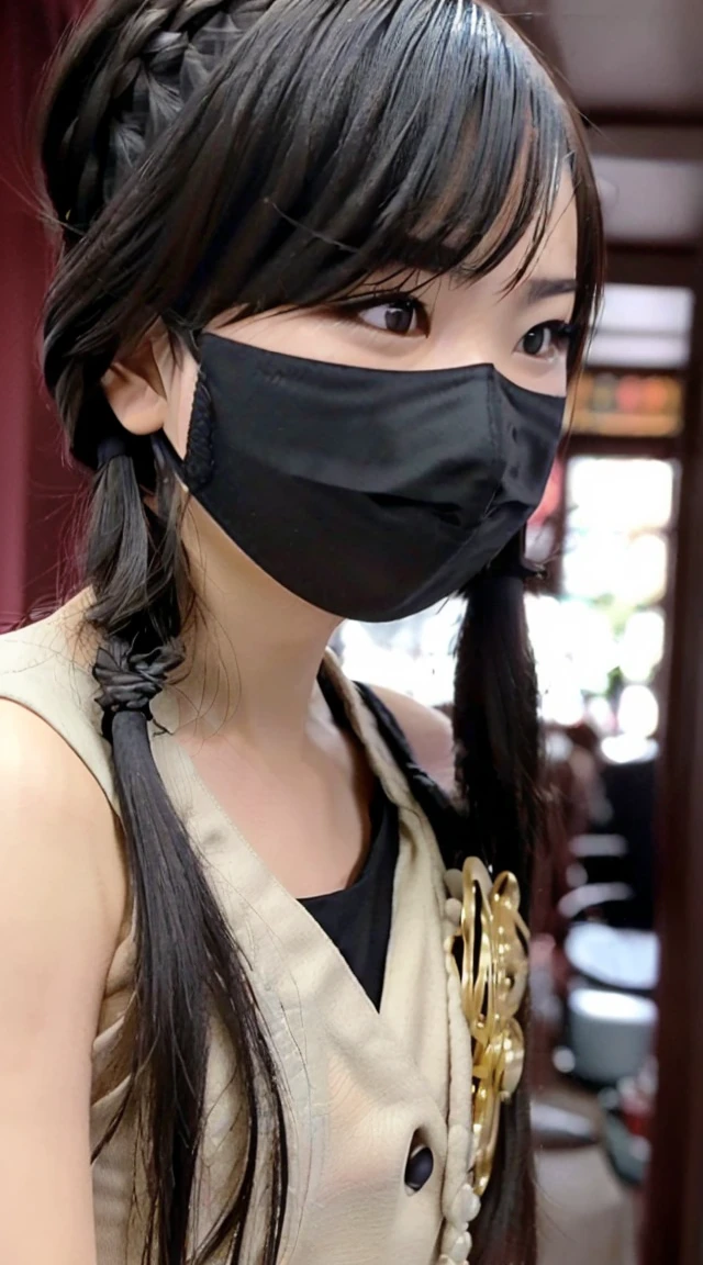((Hairstyle up to the chest、Wearing a mask、Small breasts:1.5)、(Highest quality、8K、32k、masterpiece、Best Quality))、Japanese、Very cute child、beautiful girl、Bright smile、Glowing Skin、Blurred Background、whole body、room、Selfie