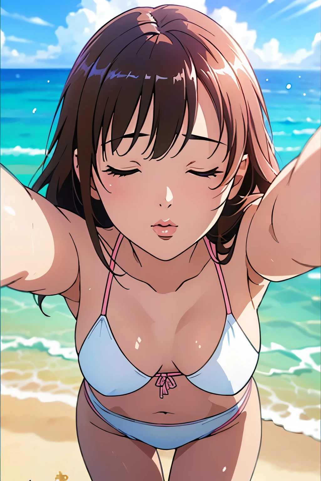 (Highest quality、Tabletop、8K、Best image quality)、One woman、(Anime illustration:1.3)、(beautiful, Shine, Pure white skin:1.3)、Brown Hair、(light pink bikini:1.2)、(Very bright and clear sea:1.2)、 Shine明るい海、澄んだbeautiful海、Very clear sea、(beautiful Hiroshi々Standing on the beach:1.1)、beautiful surf edge、(Bright sunny blue sky:1.1)、(beautiful and bright cumulonimbus clouds:1.1)、(very bright and vivid:1.2)、(Super bright and Shine skin:1.1)、(Ultra-high resolution, 明るくbeautiful色白美肌:1.3)、Ultra HD Hair、Ultra-high resolution sparkling eyes、Natural Makeup、Accentuate your body lines、(Very 明るくbeautiful肌:1.1)、(Big Breasts:1.1)、(Slender body:1.1)、(Very small waist:1.1)、(Perfect Anatomy:1.1)、(Close-up of face:1.3)、(Take a selfie with open arms:1.3)、(Close your eyes and kiss me:1.1)、(Fully closed lips:1.2)、(Strongly blurred background:1.1)