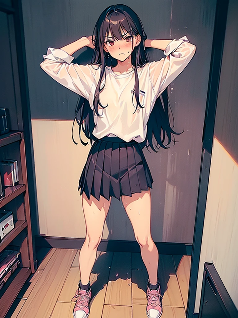 (((((Dildo on the floor:1.5, standing, spread legs:1.5, Point your knees outwards:1.5 ) behind head,spread legs, Push your hips forward,pussy juice , Voluptuous body, Slut、No pants, (Dildo on the floor, standing, spread,arms behind head, Point your knees outwards:1.5, Sweat,)))), Realistic composition, Doujinshi scene,, Big Thighs, Pleated skirt, White Shirt, Angry face, blush, from below