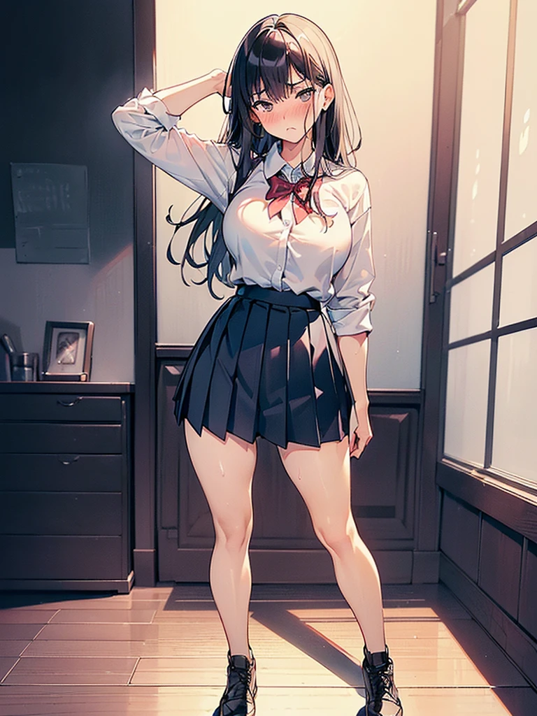 (((((Dildo on the floor:1.5, standing, spread legs:1.5, Point your knees outwards:1.5 ) behind head,spread legs, Push your hips forward,pussy juice , Voluptuous body, Slut、No pants, (Dildo on the floor, standing, spread,arms behind head, Point your knees outwards:1.5, Sweat,)))), Realistic composition, Doujinshi scene,, Big Thighs, Pleated skirt, White Shirt, Angry face, blush, from below
