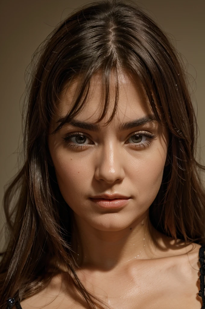 create a super high resolution 3d close up image of a woman with oil rosemary oil in her butiful long hair with a crazy face but very sexy at he same time 