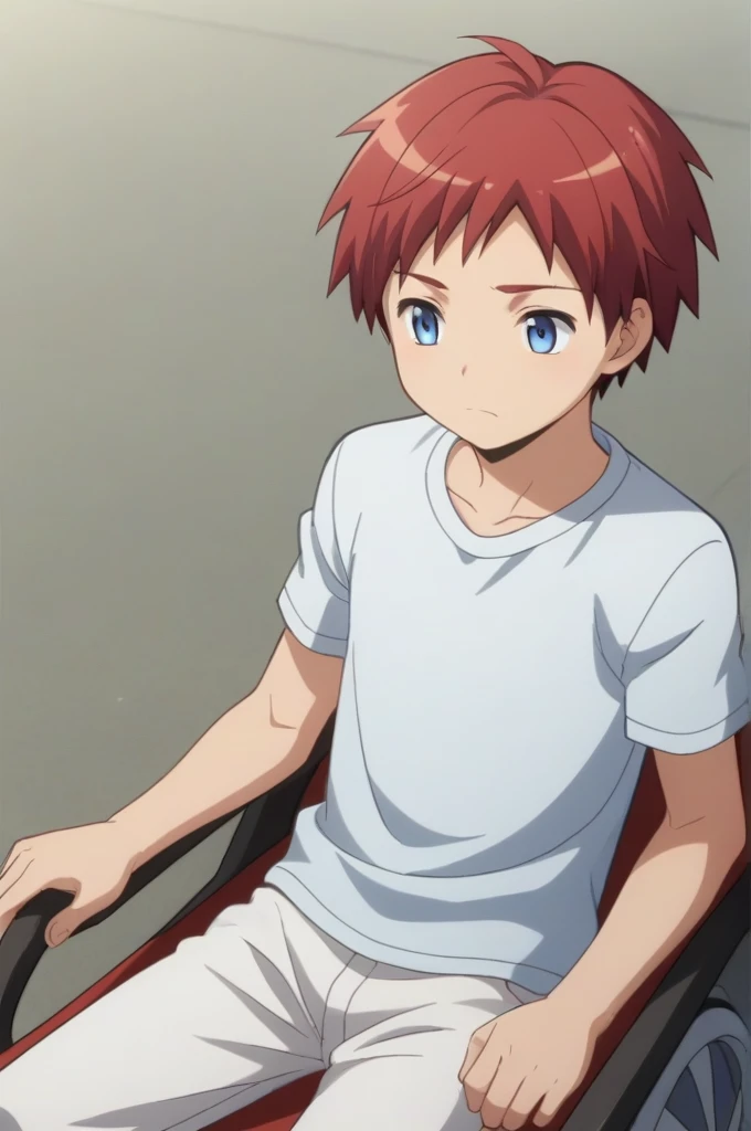 score_9, score_8_up, score_7_up, source_anime, rating_safe, , anime screencap, anime coloring, official style, looking away , 1baby boy, solo, children, cuteyears old,male focus, tomohito_sugino, red hair, blue eyes, short hair, White t-shirt, white trousers, sitting in a wheelchair, sad expression