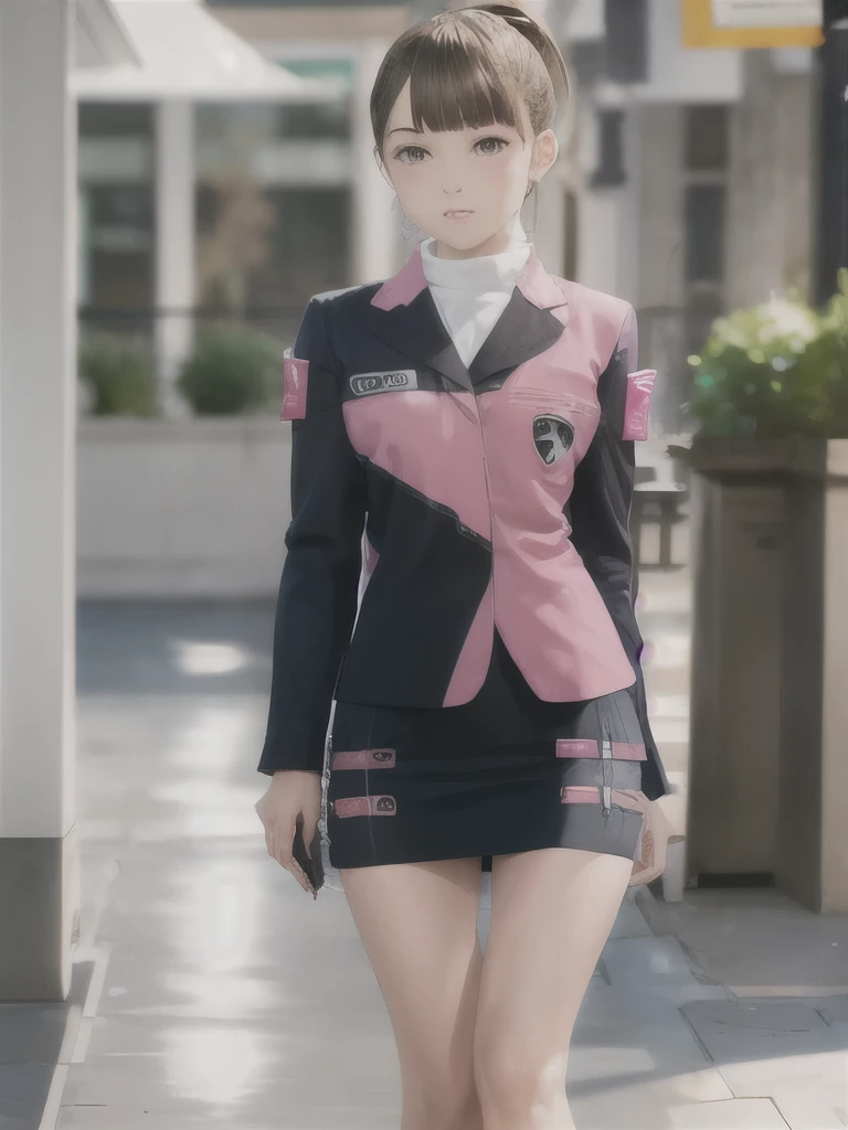 ((masterpiece,best quality)) (extremely detailed CG), (raytracing) (best quality), perfect face, shiny skin, lustrous skin, , depth of field,wide hips, narrow waist,  umeko, brown hair, skirt, ponytail, jacket, boots, pencil skirt, uniform, brown eyes, long sleeves, short hair, black footwear, star (symbol), blush, bangs, armband,indoors,