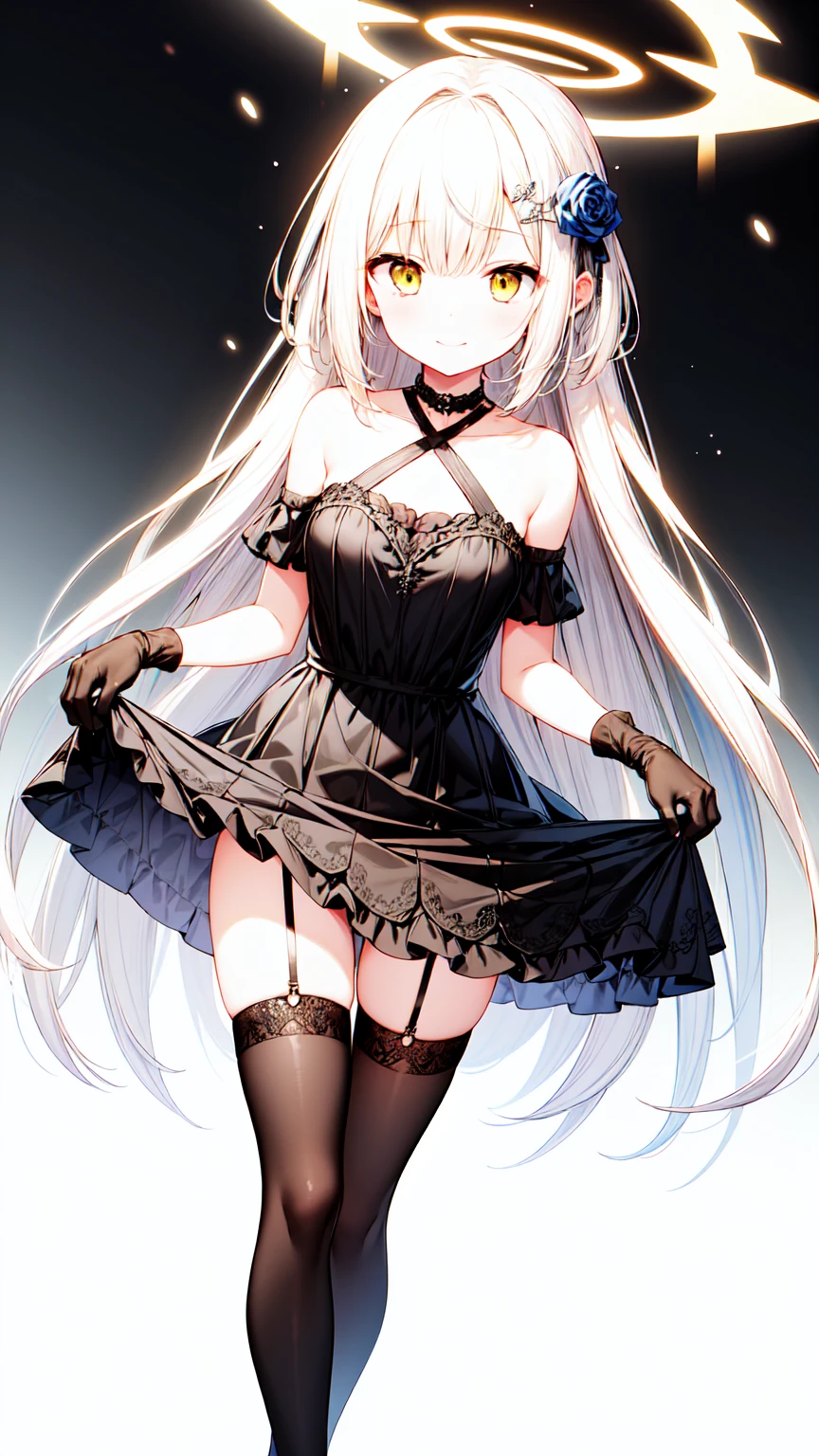 1girl, dress, solo, long_hair, hair_ornament, gloves, black_dress, thighhighs, hair_flower, flower, elbow_gloves, yellow_eyes, halo, looking_at_viewer, black_thighhighs, halterneck, black_gloves, smile, criss-cross_halter, rose, bare_shoulders, white_hair, frills, clothes_lift, frilled_dress, skirt_hold