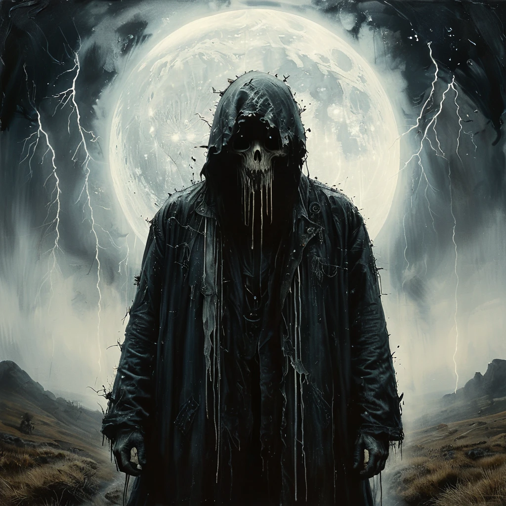 Faceless specter drifting through moonlit mist, Storm Lighting, mad-mtrx