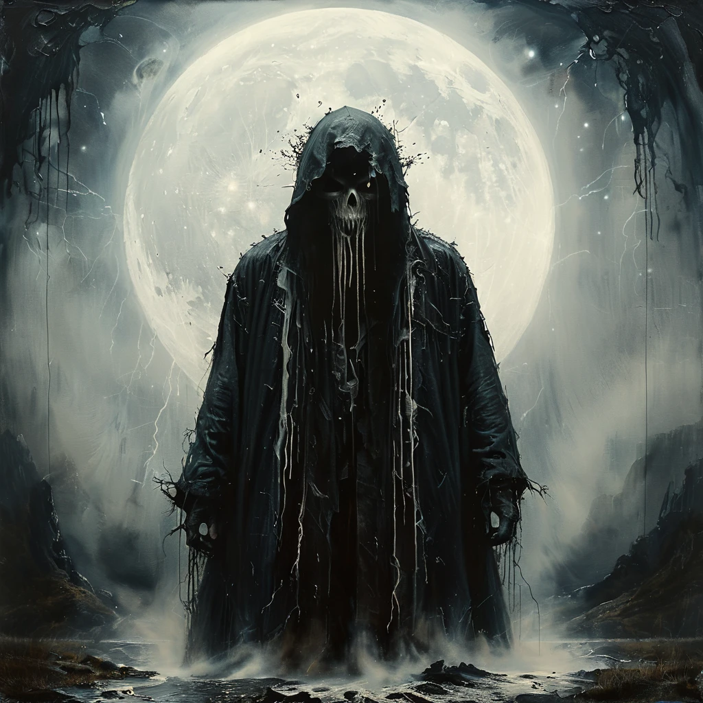 Faceless specter drifting through moonlit mist, Storm Lighting, mad-mtrx