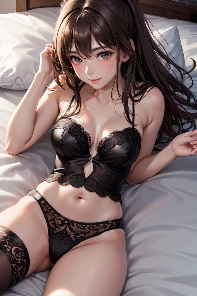 (Best Quality,High resolution,8K,finelity detailed background,Masterpiece:1.2),beautiful girl,Shiny brown hair,messy hair,Brown eyes,Gentle look,A refreshing look,Best quality,Best Quality,Aesthetic and aesthetic:1.2,Best details((Super detailed))(High-definition CG illustrations),Dark gray underwear (gray,intricate lace),Slender body,Late Night,Moonlit Night,Bedroom,On the bed,smile,blush,cute,Scrounge,Looking up,Being spoiled,super model,on back,shoot from above