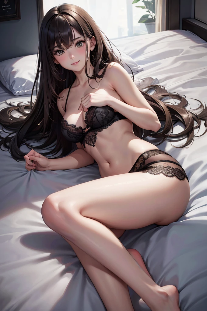 (Best Quality,High resolution,8K,finelity detailed background,Masterpiece:1.2),beautiful girl,Shiny brown hair,messy hair,Brown eyes,Gentle look,A refreshing look,Best quality,Best Quality,Aesthetic and aesthetic:1.2,Best details((Super detailed))(High-definition CG illustrations),Dark gray underwear (gray,intricate lace),Slender body,Late Night,Moonlit Night,Bedroom,On the bed,smile,blush,cute,Scrounge,Looking up,Being spoiled,super model,on back,shoot from above