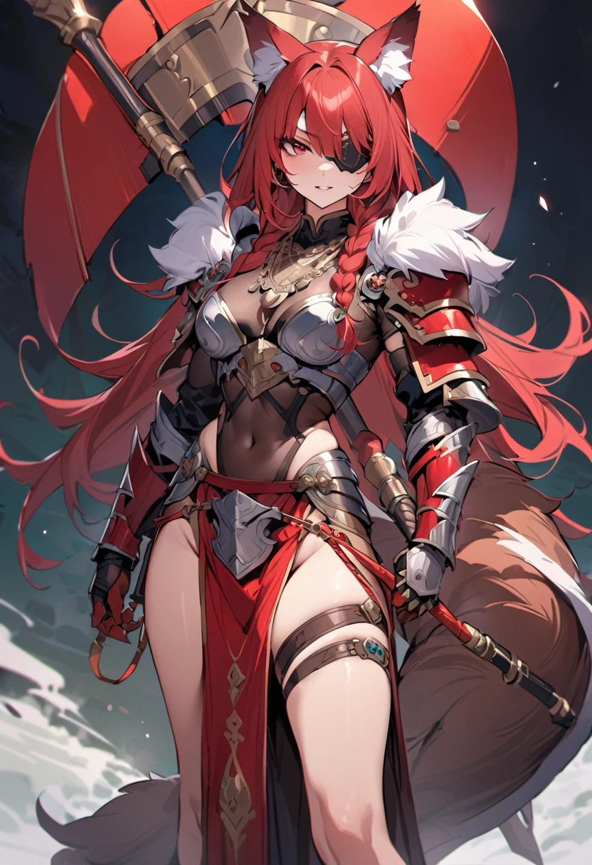 (masterpiece:1.2), (highest quality:1.2), axe, holding-axe, holding, solo, weapon, simple-background, braid, red-hair, holding-weapon, armor, full-body, long-hair standing, claws, animal-ears, jewelry, red-eyes, shoulder-armor, loincloth, tail, bandages, necklace, tooth-necklace, fur, scar, eyepatch, pauldrons, thigh-strap, pelvic-curtain brown-fur, 1girl, single-braid, mask