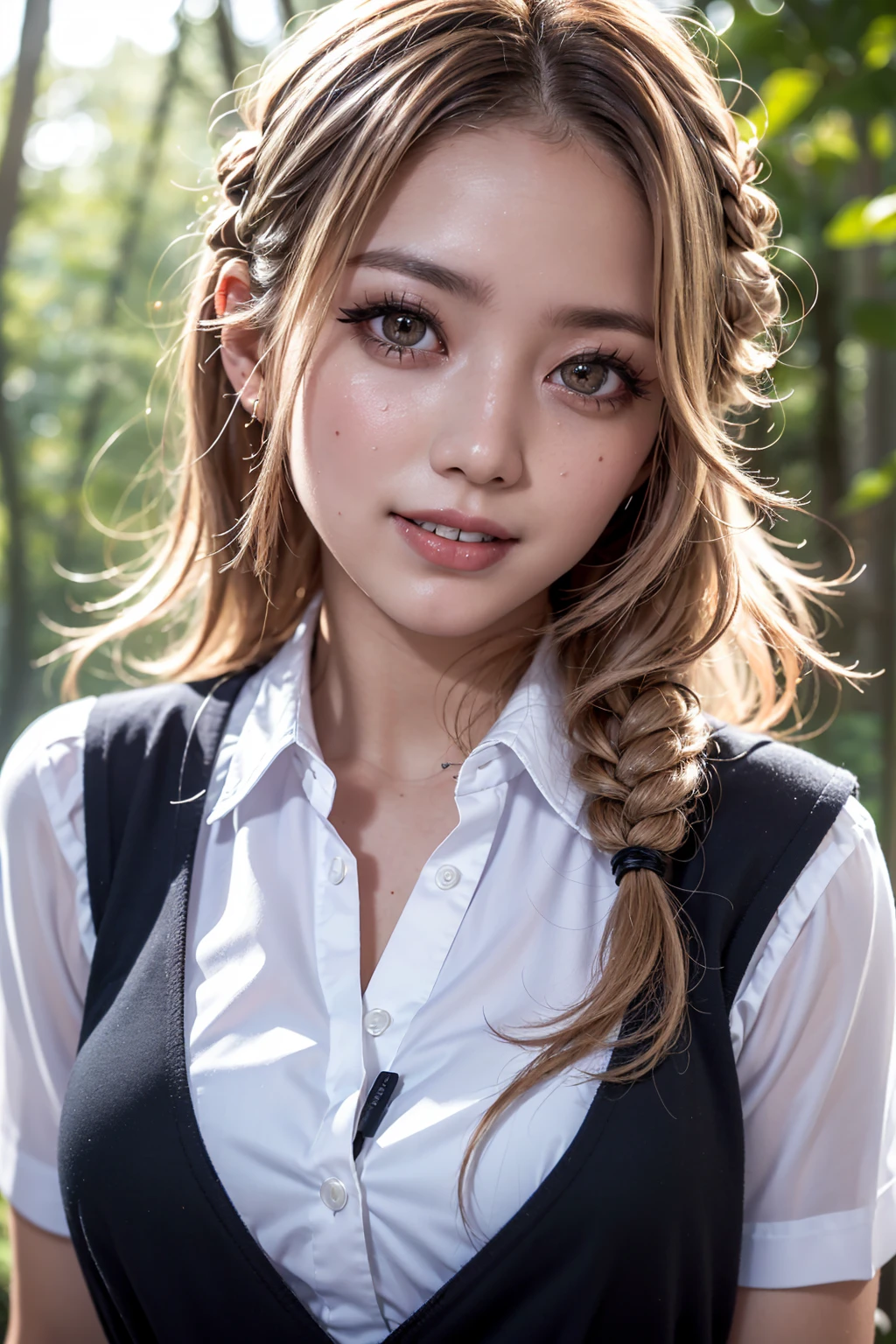 Realistic, masterpiece, Highest quality, Highest Resolution, High Detail, Soft Light, Professional Lighting, Backlight, Film Grain, The background is blurred, Japanese , (The subject was photographed from above at an angle, The model does not look at the camera:1.3), 16 years old, Upper body photo, Looks sleepy, inattention, Grinning, Open your mouth, Beautiful and detailed eye drawing, (Droopy eyes:1.3), Dark Eyes, Thin eyebrows, Draw eyelashes carefully, Eyelash extensions, Gal Makeup, Orange Cheek, (White brown wavy hair, Long Hair, Hair tied back, middle part:1.3), (Hidden eyelid wrinkles:1.3), (Gothic summer school uniform:1.3), (Summer forest:1.3)
