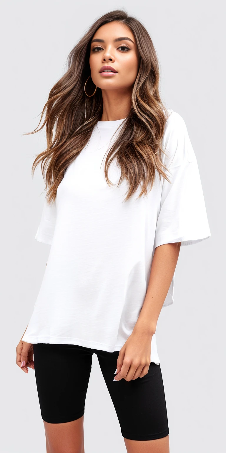 a woman in a white undershirt and black shorts, white undershirt, white undershirt, white undershirt, plain white undershirt, casual white clothes, vestido com uma white undershirt, white tunic, detailed white, white clothes, casual outfit, white clothes, trendy white clothes, dressed in a white undershirt, White top, shirt long, white shirt