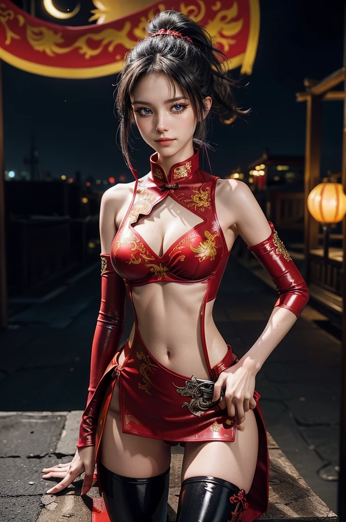 (RAW photo, best quality), Cute girl with short black hair, (ponytail), (city roof at night background), low light , dark eyeliner, cute smile, gorgeous face , super cute, 18 years old , young looking, hyper detailed face, dark eyeliner, (medium breast), (thin waist, super slender), (bare shoulders, (exposed hips), skintight and red PVC qipao china dress with yellow dragon decoration and vivid patterns, deep black leather thigh high boots, red PVC arm sleeves with yellow flower decorations and vivid patterns, cleavage, ((both hands on waist)), one leg in front of the other, (((very extremely small small navel exposure))), (metal silver belt)