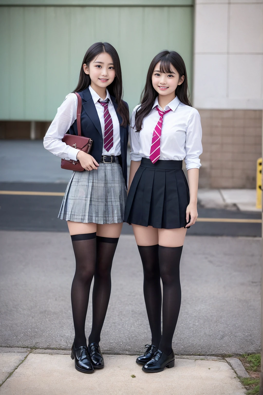 (Realisticな紺色ブレザーの制服を着用しています), ((High school girls always wear black stockings.)), (8K), (Highest quality: 1.2), (Realistic: 1.2), Ultra-high resolution, Very detailed, Golden Ratio, (RAW Photos:1.1), (Two high school girls are standing facing this way.),((Full body portrait)), (Wide thighs),Japanese high school girls, 19 years old, Detailed skin, Enako&#39;s face, Super cute face, (F Cup Big:1.3), Cleavage, Put your hands on your hips, (Realisticな紺色ブレザーの制服を着用しています:1.7), (Winter uniforms), (The pleated mini skirt is very short:1.4), (Wide thighsと長い脚:1.3), ((Wide thighs)), ((Shiny black stockings:1.3)), ((High school girls always wear black stockings.)), (Wearing high heel loafers)