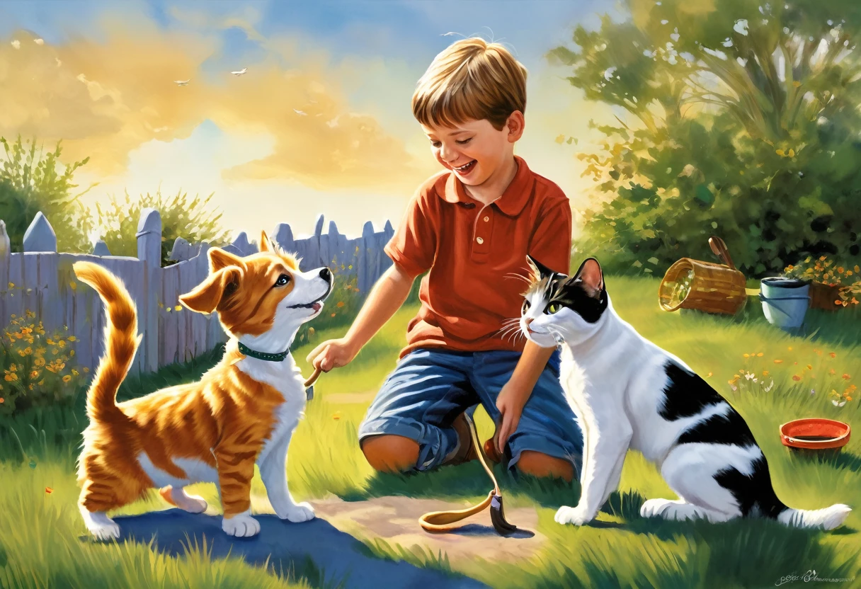Painting of a boy playing with a dog and cat, charming digital painting, children's book illustration, illustration for children, illustration art, children's book illustration, realistic art, children's book illustration, Ultra humorous oil painting, traditional art, Stephen Dohanos, pet, realistic painting style, children's book illustration, children's book illustration, children's book illustration, Elaine Hamilton