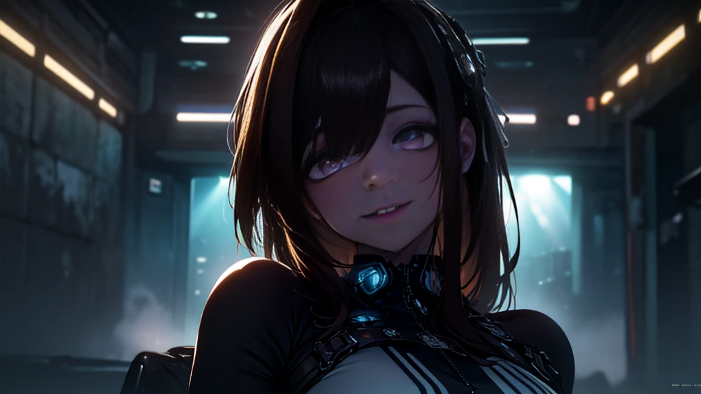 ((Best quality)), ((masterpiece)), (detailed:1.4), 3D, an image of a beautiful cyberpunk female, Yandere , Yandere Face , Trance , Trance Eyes , yameroyandere , constricted pupils , yandere , empty eyes . shaded face , crazy eyes , glowing brown eyes , crazy smile , Marian , long brown hair , Blue Uniform , Brown Eyes, Blue Barret, Blue Ribbon , Black undercloth, large breasts, HDR (High Dynamic Range),Ray Tracing,NVIDIA RTX,Super-Resolution,Unreal 5,Subsurface scattering,PBR Texturing,Post-processing,Anisotropic Filtering,Depth-of-field,Maximum clarity and sharpness,Multi-layered textures,Albedo and Specular maps,Surface shading,Accurate simulation of light-material interaction,Perfect proportions,Octane Render,Two-tone lighting,Wide aperture,Low ISO,White balance,Rule of thirds,8K RAW,