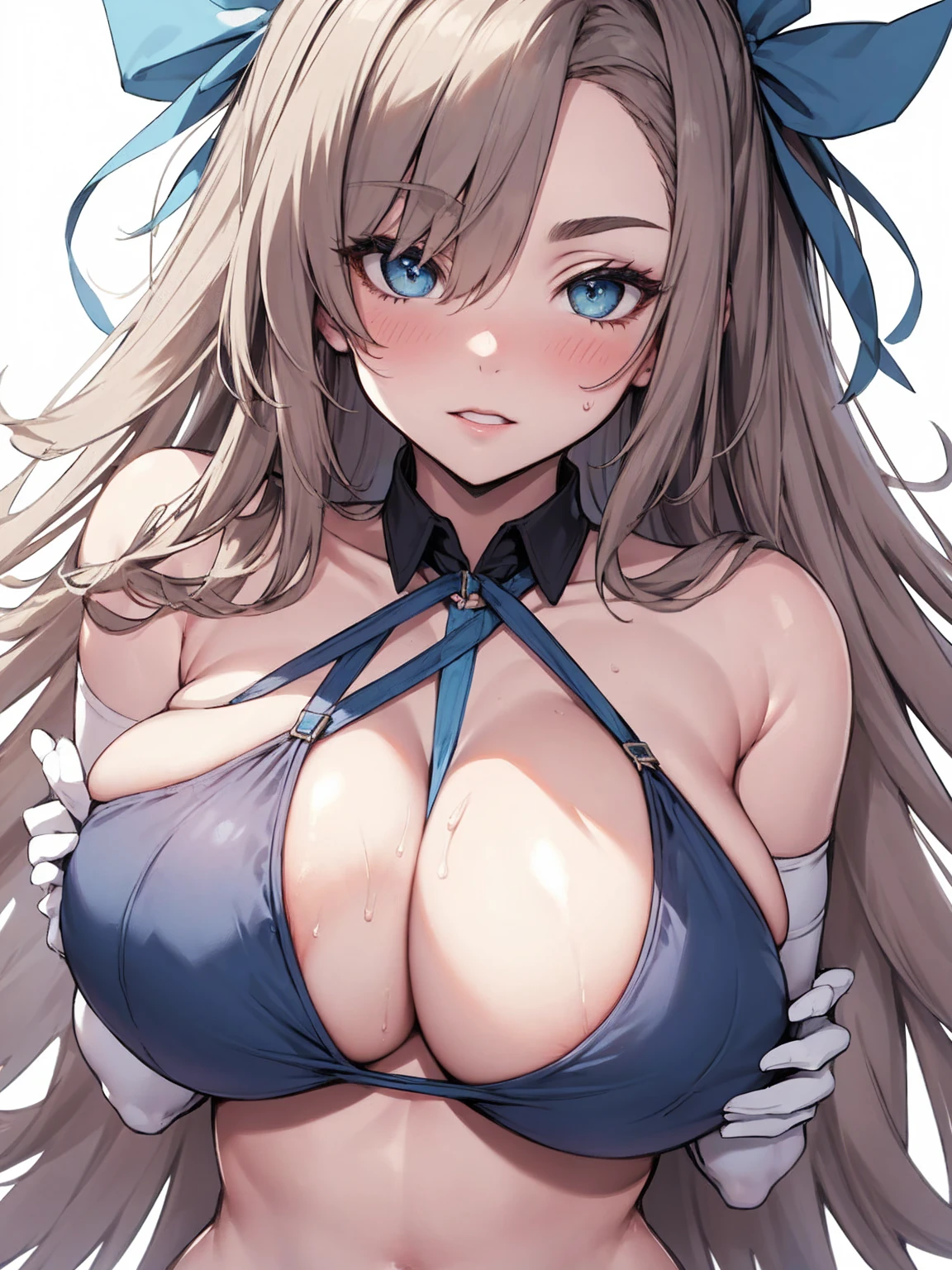 (breast grab:1.2), Bust Shot, ((Big Breasts)), Cleavage, Massive, huge breasts, blush:1.2, Sweat:1.2, Dark blue bikini, Soft breast texture, heavy breathm:1.2, masterpiece, Detailed depiction of eyes, Big eyes, Highest quality, 8K,(white background), love, like