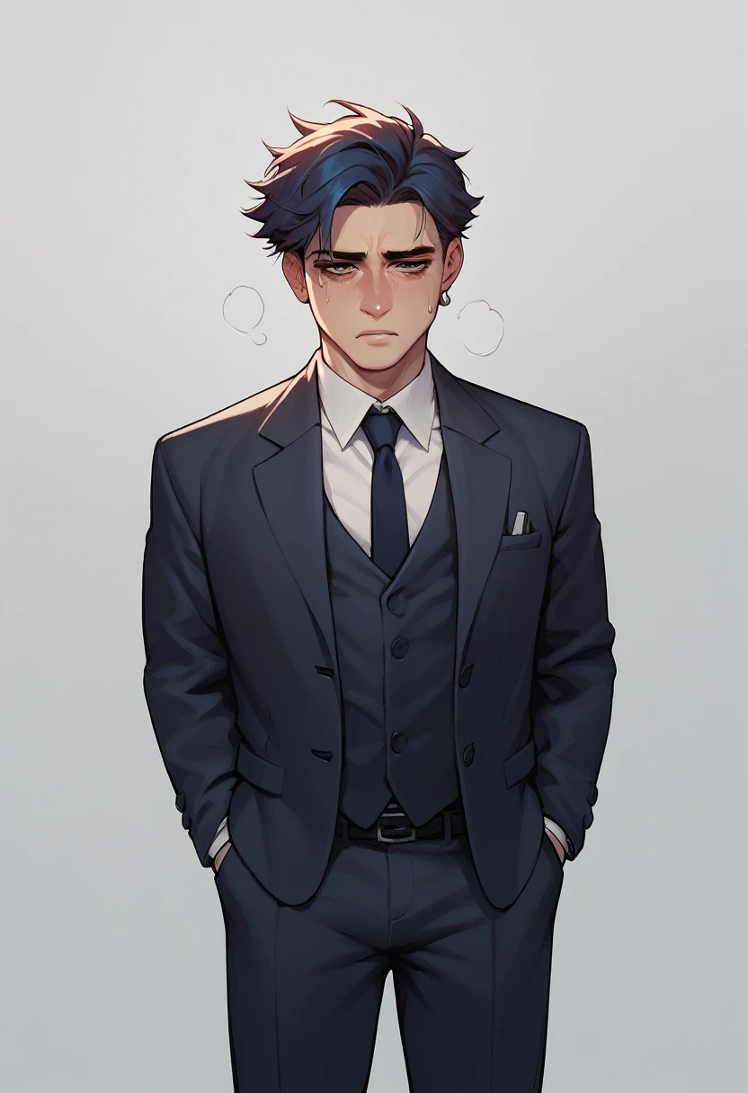 boy, tired expression, in a suit, with dark circles, how they are