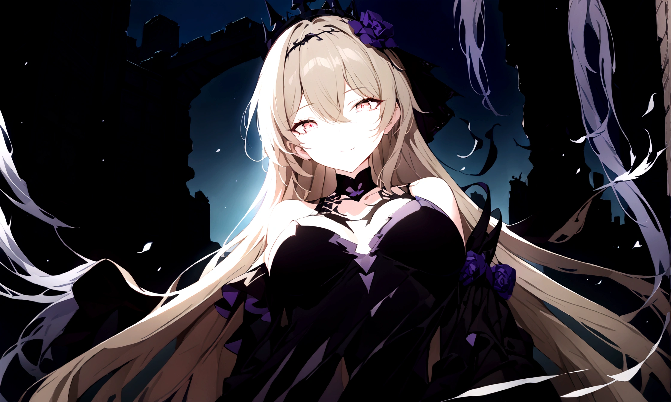 (best quality, highres, masterpiece : 1.4), (flatten art : 0.8), masterpiece, (best quality), 1woman, anime, beige long hair, fair skin, faint red eyes, black and purple headress, medium sized breast, calm smile, (detailed face), black dress, city ruin, close-up, alluring, dynamic angle, eyes to the viewer, mystical glow