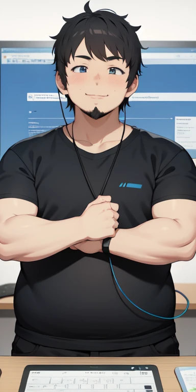 Create an anime emote with a friendly-looking teenager with messy dark-colored hair and he is fatter. He has a failed goatee, Your eyes are big and expressive, typical of an anime character, and he has a friendly smile on his face. He is wearing a headset on his head and playing on the computer. your arm is fat