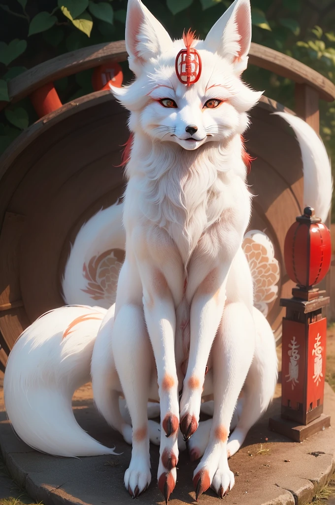 (((a white Japanese fox with nine tails))), an early morning atmosphere, a beautiful Japanese natural landscape, a dew atmosphere, and some dew drops, ((symmetric red line on the head)), ((natural red colour at each tail tip and ear tip)).
