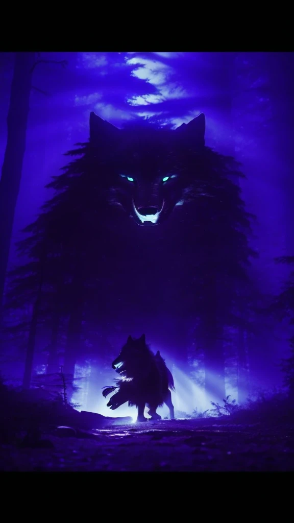 Giant wolf all hairy in a dark forest, there is fog around and there are orange rays around the wolf