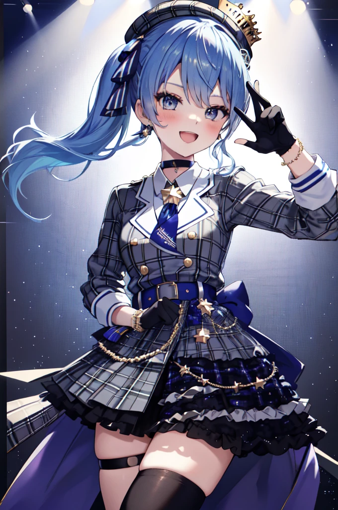masterpiece, best quality, absurdres, perfect anatomy, SuiseiBase, plaid beret, crown, blue star choker, star earrings, blue ascot, plaid jacket, plaid skirt, layered skirt, partially fingerless gloves, star bracelet, uneven legwear, thigh strap, on stage, spotlights, hands on hips, smile, :d, blush,