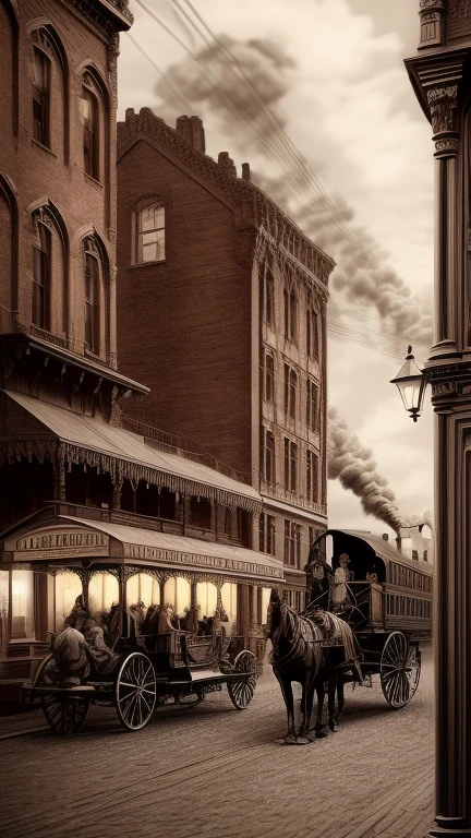 a provincial town in the 19th century, a street, a train station, a bar, a hotel, (best quality,4k,8k,highres,masterpiece:1.2),ultra-detailed,(realistic,photorealistic,photo-realistic:1.37),detailed architecture, cobblestone streets, horse-drawn carriages, gas lamps, vintage cars, old-fashioned signage, brick buildings, ornate facades, steam trains, horse-drawn trolleys, men in suits and hats, women in long dresses, people drinking and socializing, warm lighting, nostalgic, sepia toned, cinematic, intricate details, atmospheric, dramatic lighting