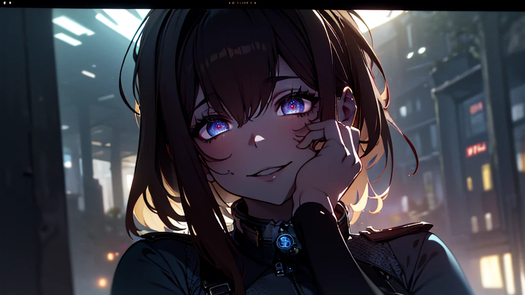 ((Best quality)), ((masterpiece)), (detailed:1.4), 3D, an image of a beautiful cyberpunk female, Yandere , Yandere Face , Trance , Trance Eyes , yameroyandere , constricted pupils , yandere , empty eyes . shaded face , crazy eyes , glowing brown eyes , crazy smile , Marian , long brown hair , Blue Military Uniform , Brown Eyes, Blue Barret, Blue Ribbon , White undercloth, large breasts, HDR (High Dynamic Range),Ray Tracing,NVIDIA RTX,Super-Resolution,Unreal 5,Subsurface scattering,PBR Texturing,Post-processing,Anisotropic Filtering,Depth-of-field,Maximum clarity and sharpness,Multi-layered textures,Albedo and Specular maps,Surface shading,Accurate simulation of light-material interaction,Perfect proportions,Octane Render,Two-tone lighting,Wide aperture,Low ISO,White balance,Rule of thirds,8K RAW,