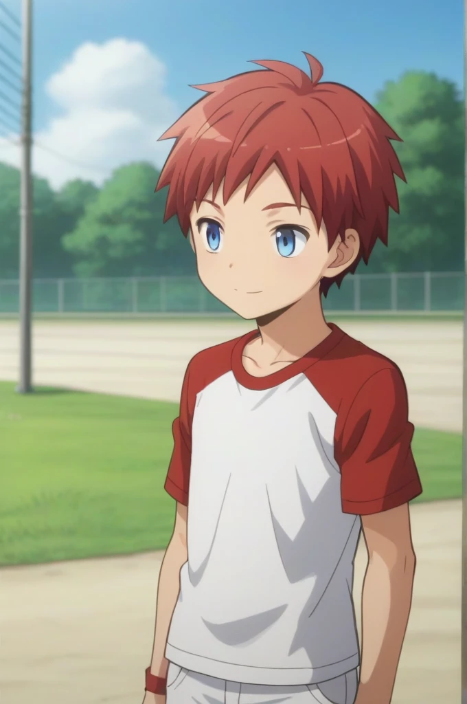 score_9, score_8_up, score_7_up, source_anime, rating_safe, , anime screencap, anime coloring, official style, looking away , 1baby boy, solo, children, cute,5 years old,male focus, tomohito_sugino, red hair, blue eyes, short hair, White t-shirt, white trousers, slight smile,Standing in the park