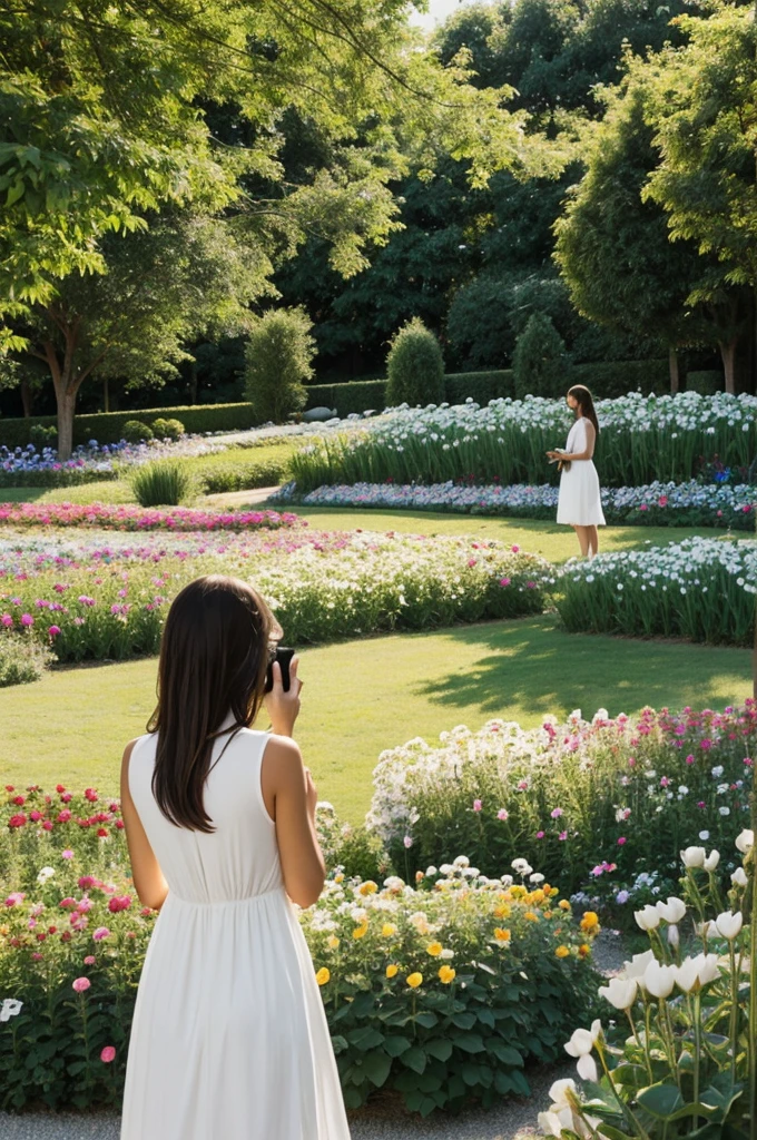 Girl in a white dress is taking pictures in the flower garden