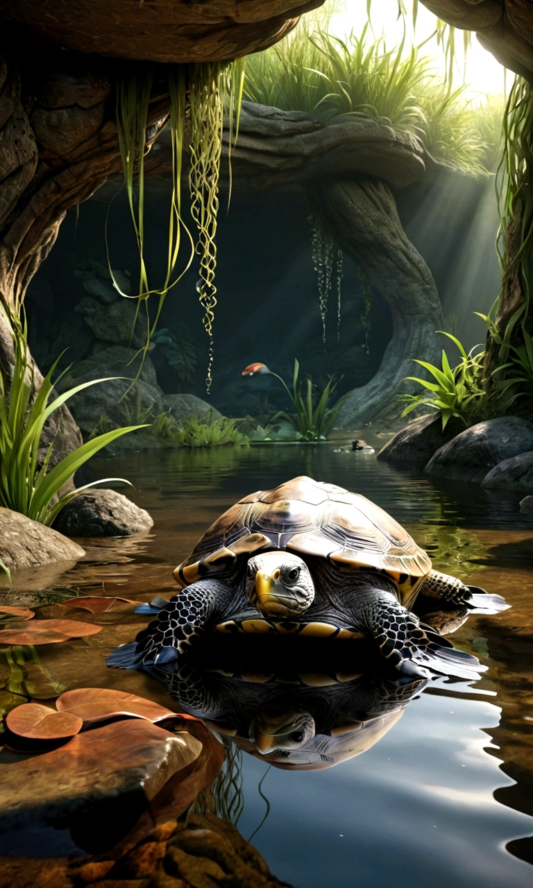 Panorama,There is a creature at the bottom of the river,The head of the eagle,The body of a turtle and the tail of a snake,Mysterious Creatures, shrike, (best quality,4K,8K,High level,masterpiece:1.2),Ultra Detailed,(lifelike,Photo real,Photo real:1.37),Highly detailed animals,Complex patterns,Realistic lighting,Fantasy Creatures