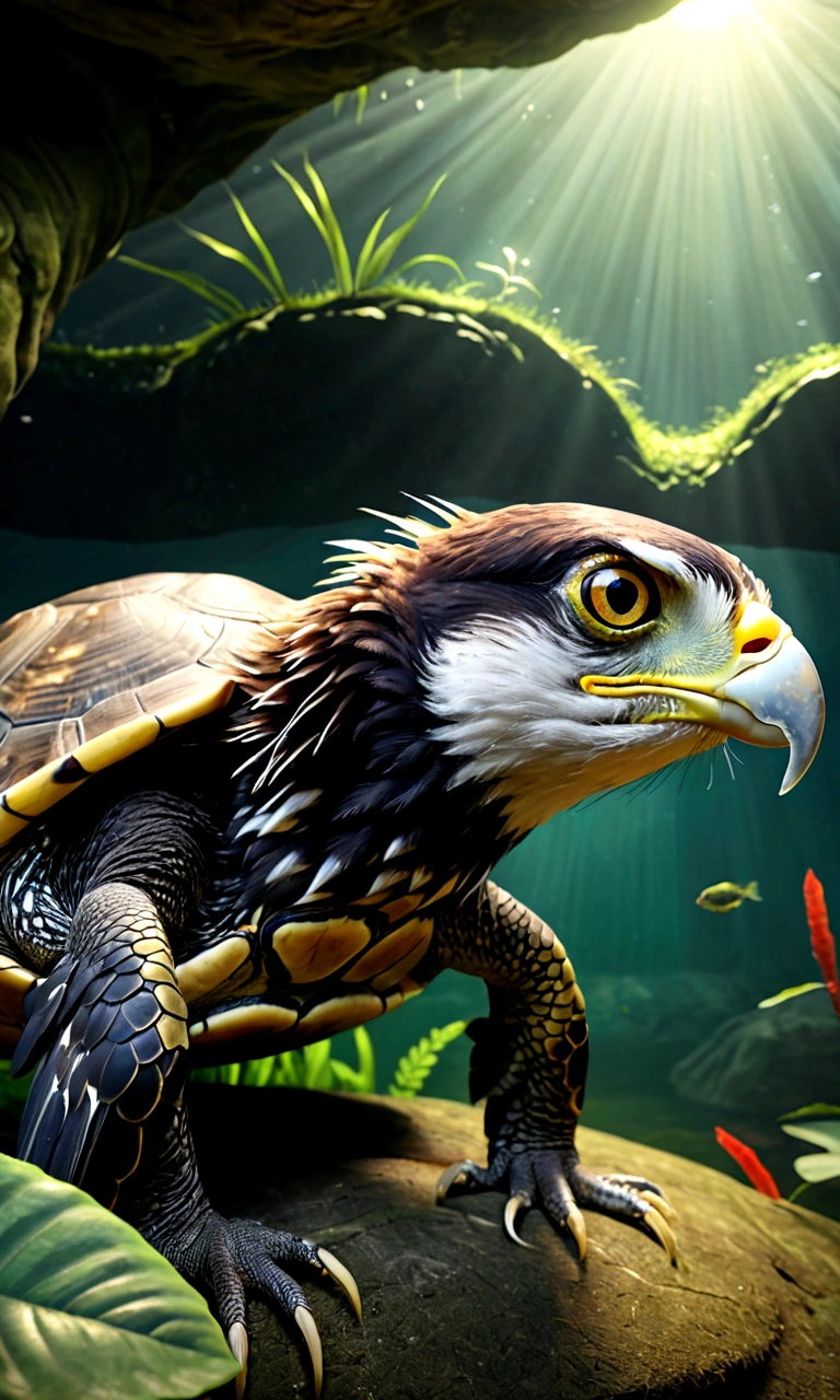 Panorama，There is a creature at the bottom of the river，The head of the eagle，The body of a turtle and the tail of a snake，Mysterious Creatures, shrike, (best quality，4K，8K，High level，masterpiece：1.2），Ultra Detailed，（lifelike，Photo real，Photo real：1.37），Highly detailed animals，Complex patterns，Realistic lighting，Fantasy Creatures