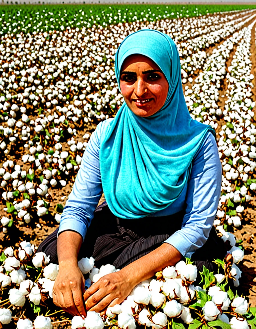 Kurdish woman in hijab working in cotton land