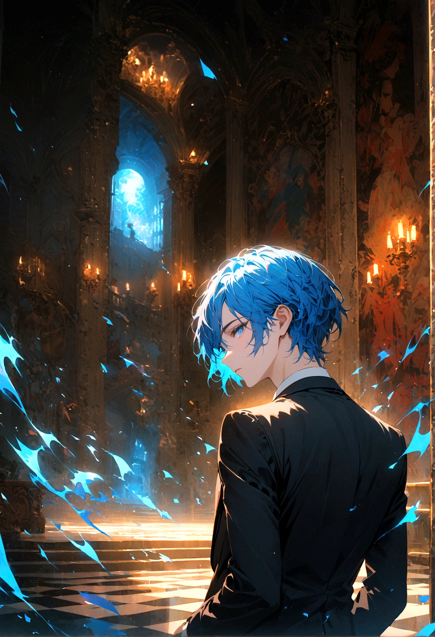 A young man with blue hair and blue eyes in a black suit turned his back and half his face in the middle of the palace at night.