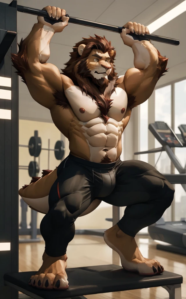 Muscular furry male lion, barefoot, big foot, beard on the chin, hair on the chest, hair on the abdomen, hair on the elbow, hair on the armpit, hot, large bulging veins, hot male lion face, working out at the gym, shirtless, wearing long underwear 