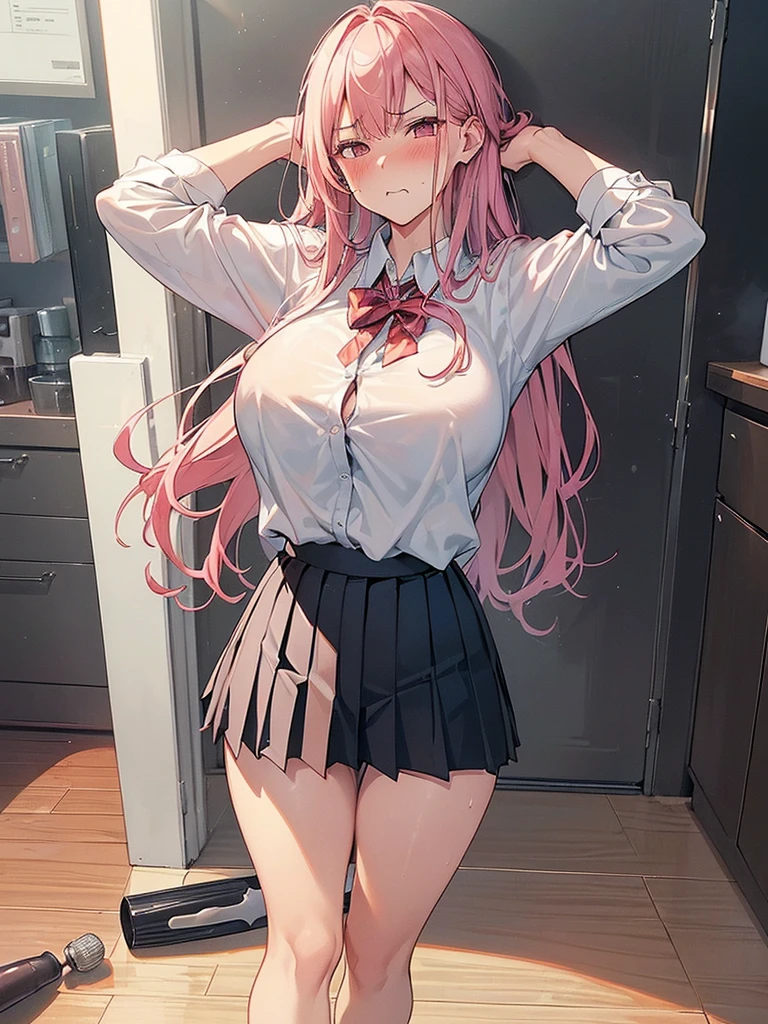 (((((Dildo on the floor:1.5, standing, spread legs:1.5, Point your knees outwards:1.5 ) behind head,spread legs, Push your hips forward,pussy juice , Voluptuous body, Slut、No pants, (Dildo on the floor, standing, spread,arms behind head, Point your knees outwards:1.5, Sweat,)))), Realistic composition, Doujinshi scene,, Big Thighs, Pleated skirt, White Shirt, Angry face, blush, from below