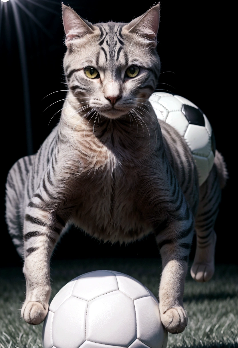 cat playing a soccer ball, cinematic lighting, cowboy shot, UHD, best quality