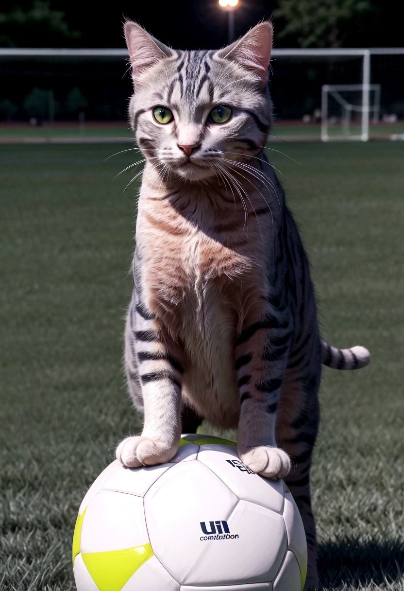 cat playing a soccer ball, cinematic lighting, cowboy shot, UHD, best quality