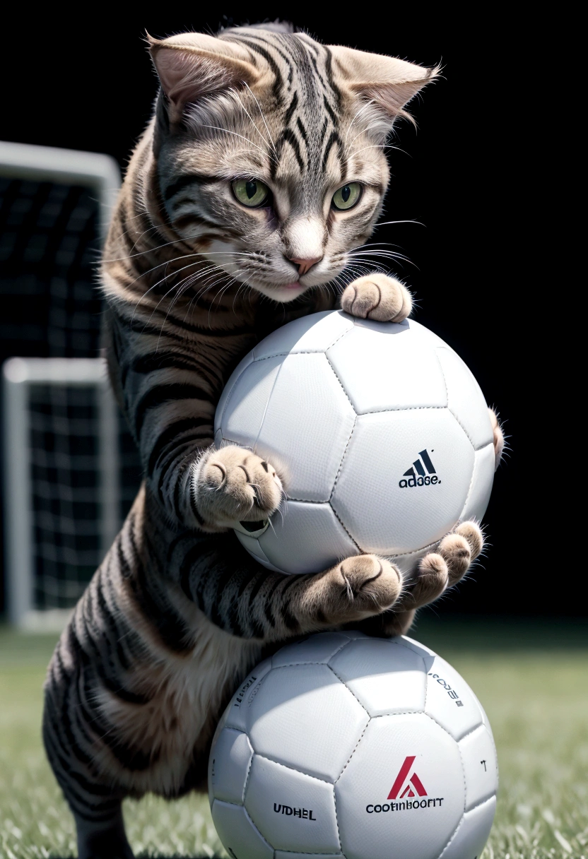 cat playing a soccer ball, cinematic lighting, cowboy shot, UHD, best quality