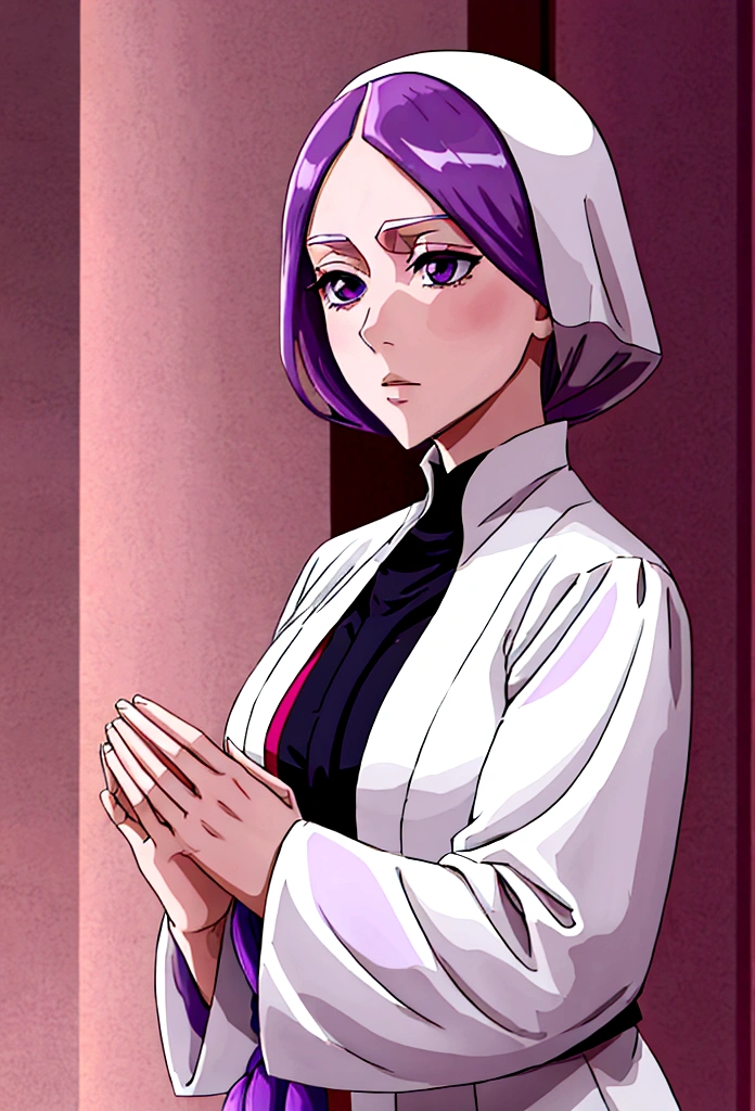 Anime, white girl, nun, royal clothes, pink and purple hair, she is praying, she has serious face