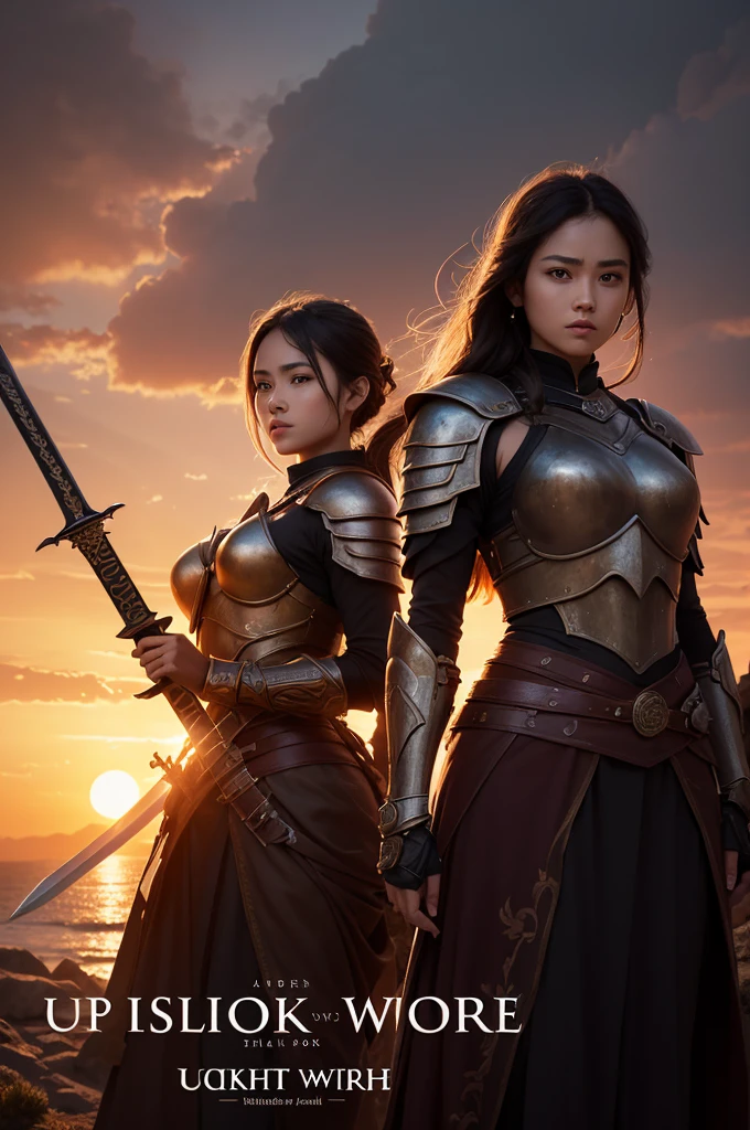 Written book cover: uplit.
With two female warriors holding a sword watching the sunset 8k quality, better quality, crisp quality.